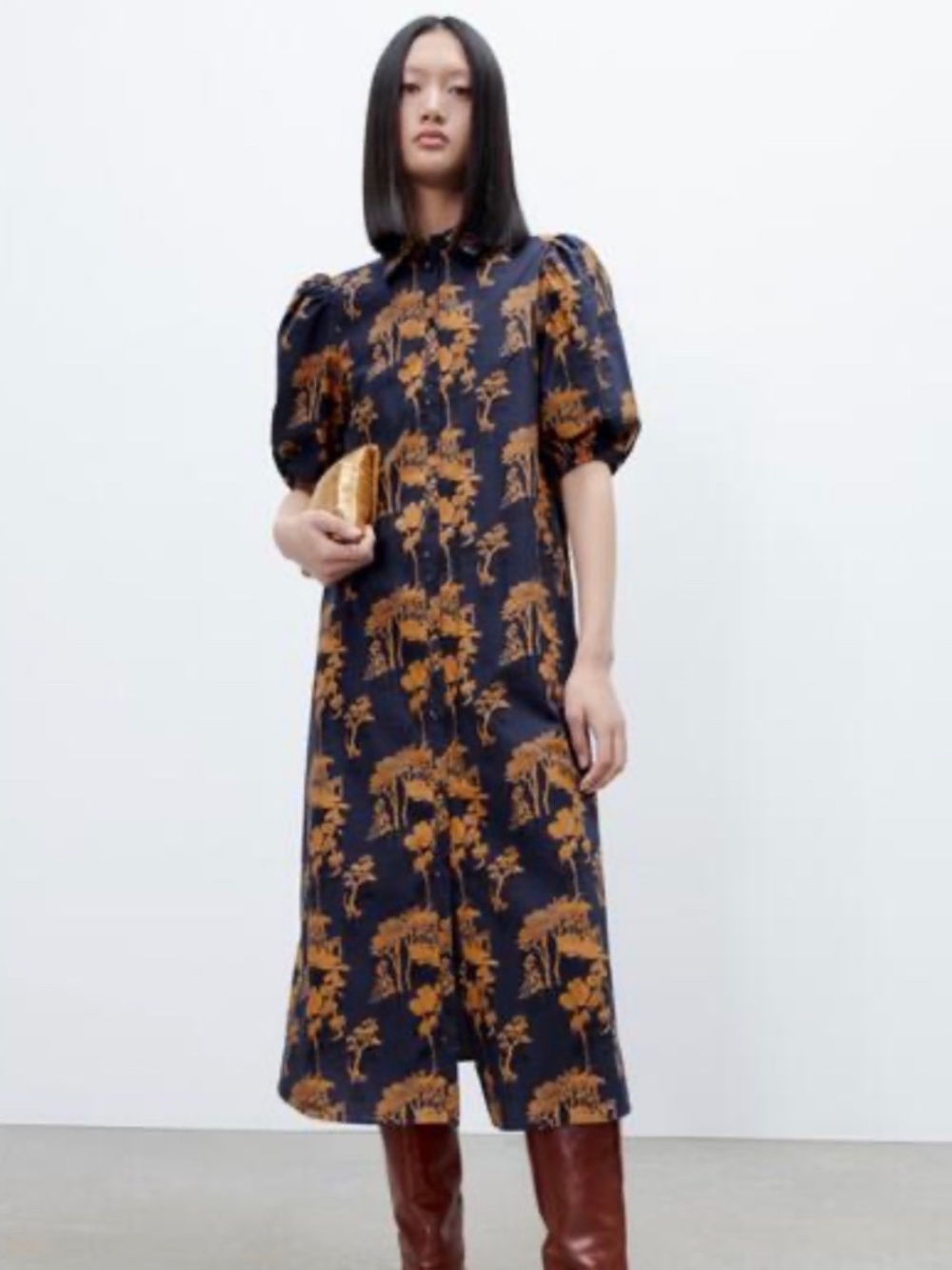 Navy Collared Shirtdress with Orange Print Small Women EUC - Picture 1 of 4